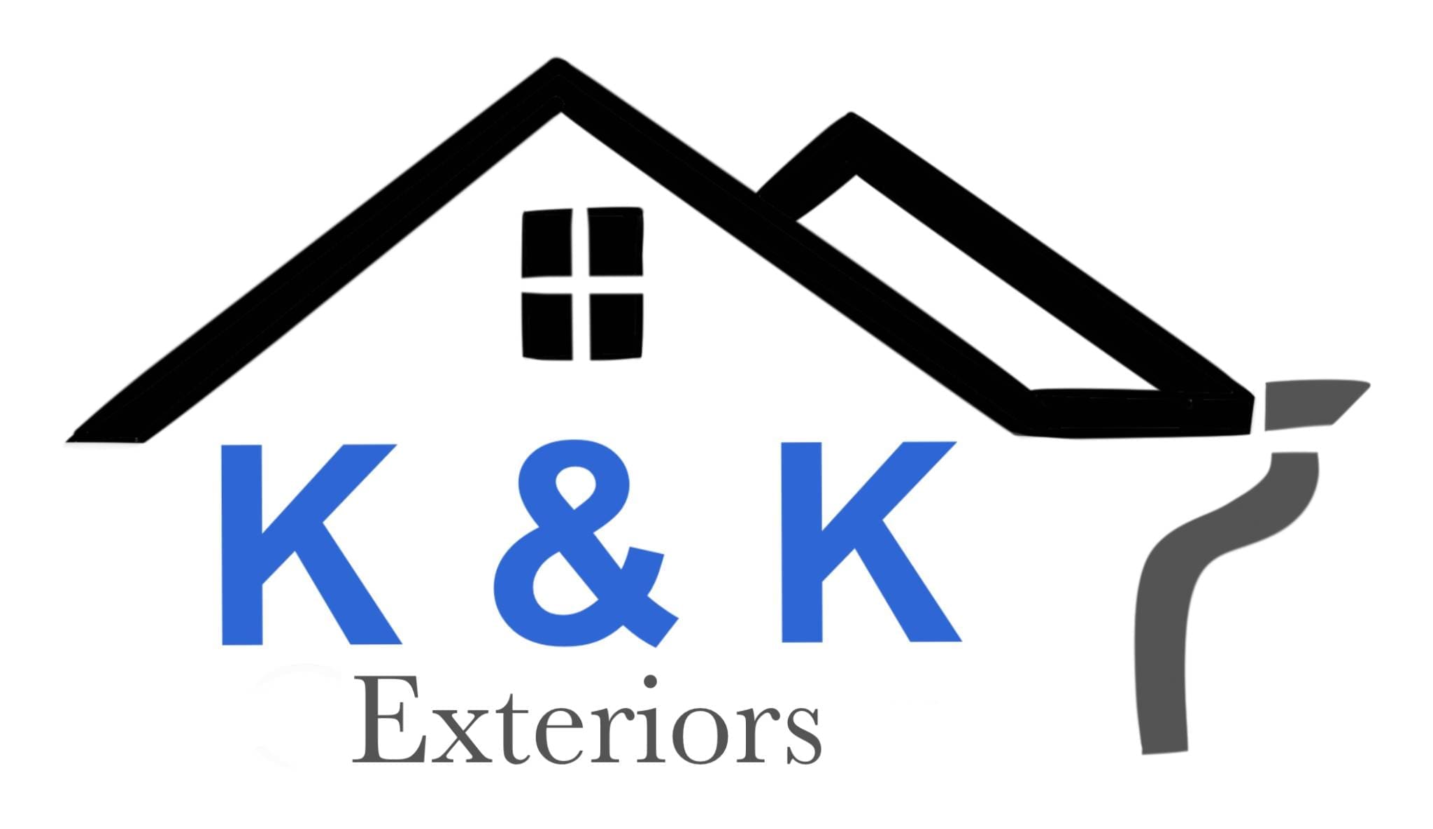 K&K Exteriors logo featuring a house silhouette, emphasizing home improvement services like gutter installation and siding repair.