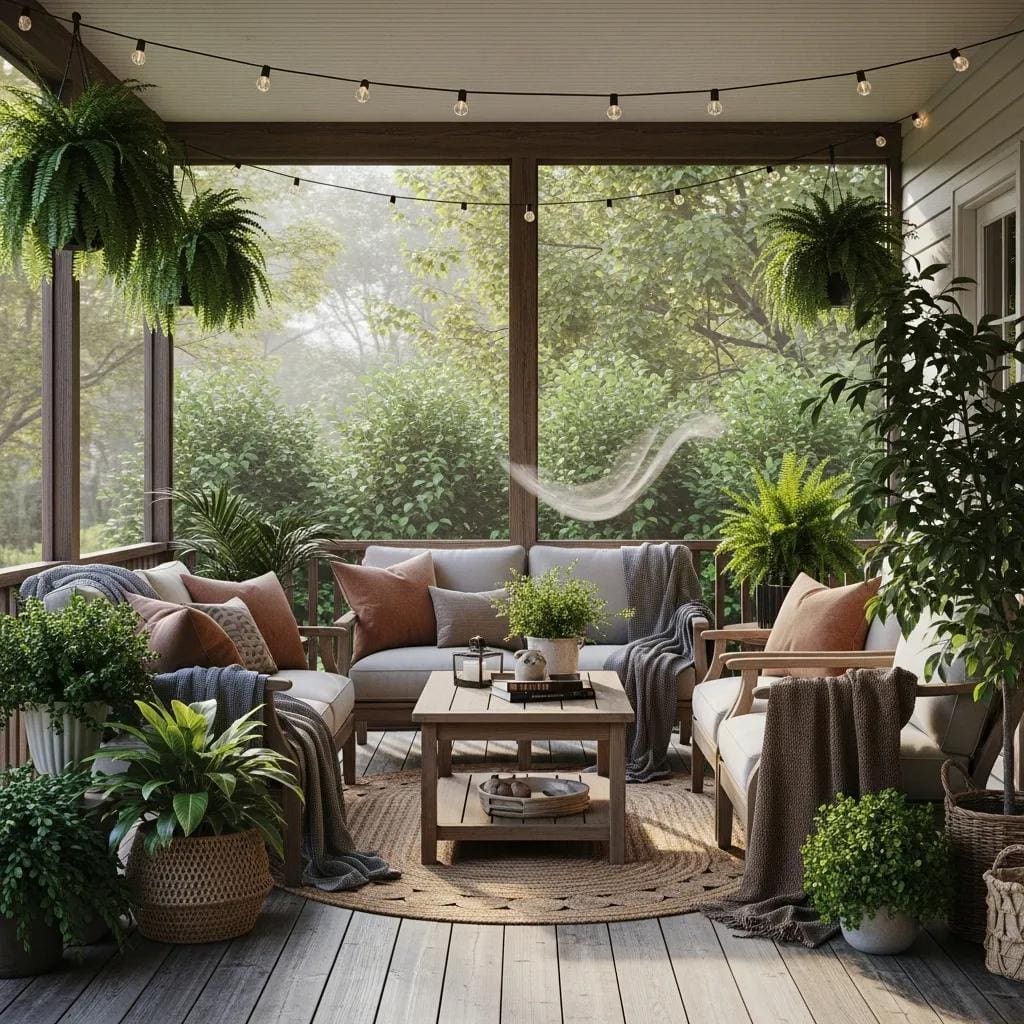Cozy screened-in porch with comfortable seating, greenery, and decorative elements, enhancing outdoor living and relaxation.