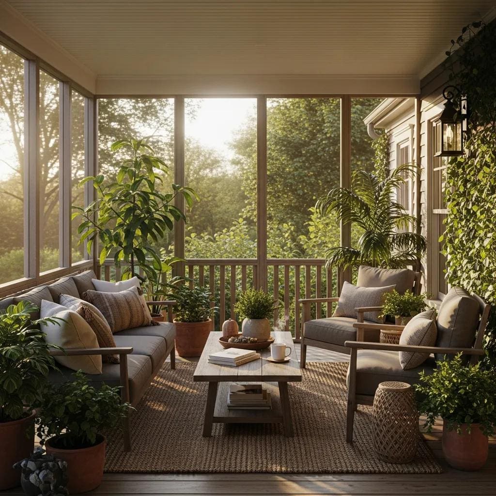 Inviting screened porch featuring comfortable seating, potted greenery, and a wooden coffee table, enhancing outdoor living experience and providing a pest-free environment.