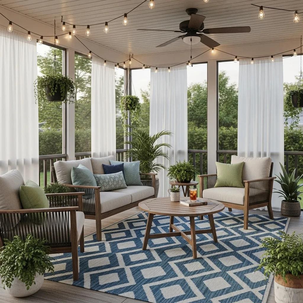 Stylish screened porch featuring comfortable weather-resistant furniture, decorative privacy curtains, and lush greenery, creating a cozy outdoor living space for relaxation and family gatherings.