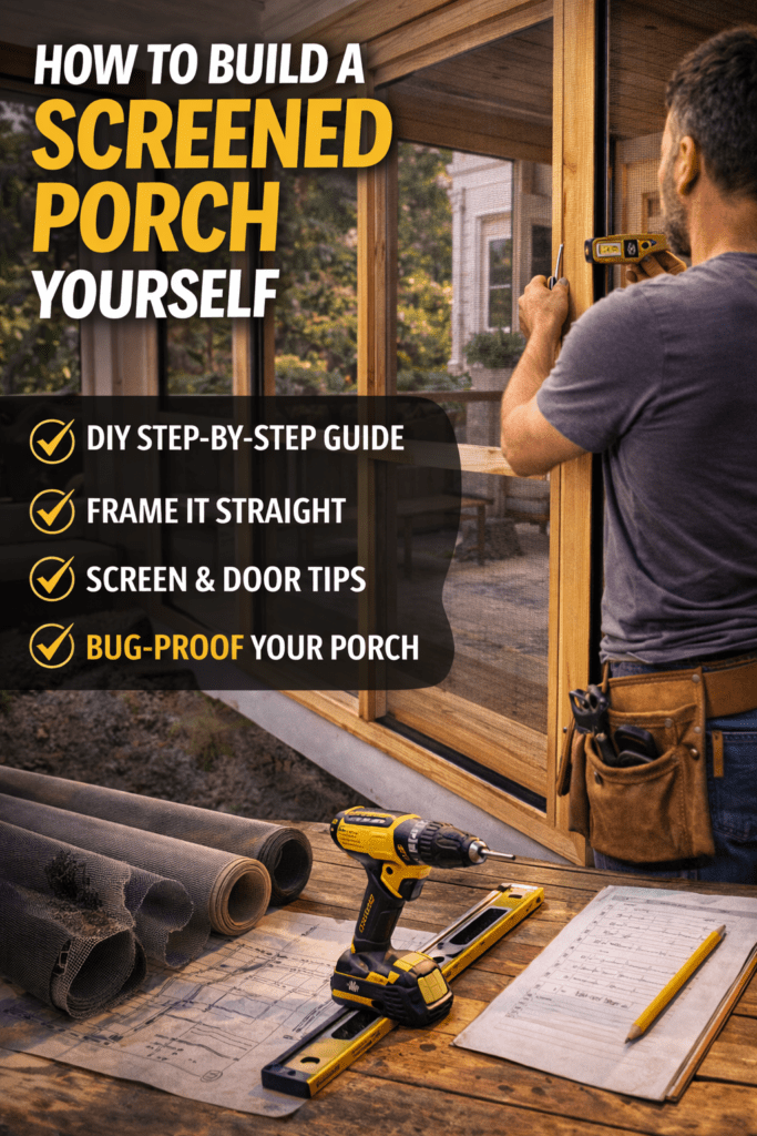 Man measuring and constructing a screened porch, with tools and materials like a drill, level, and rolled screening visible, illustrating a DIY guide for building a screened porch.