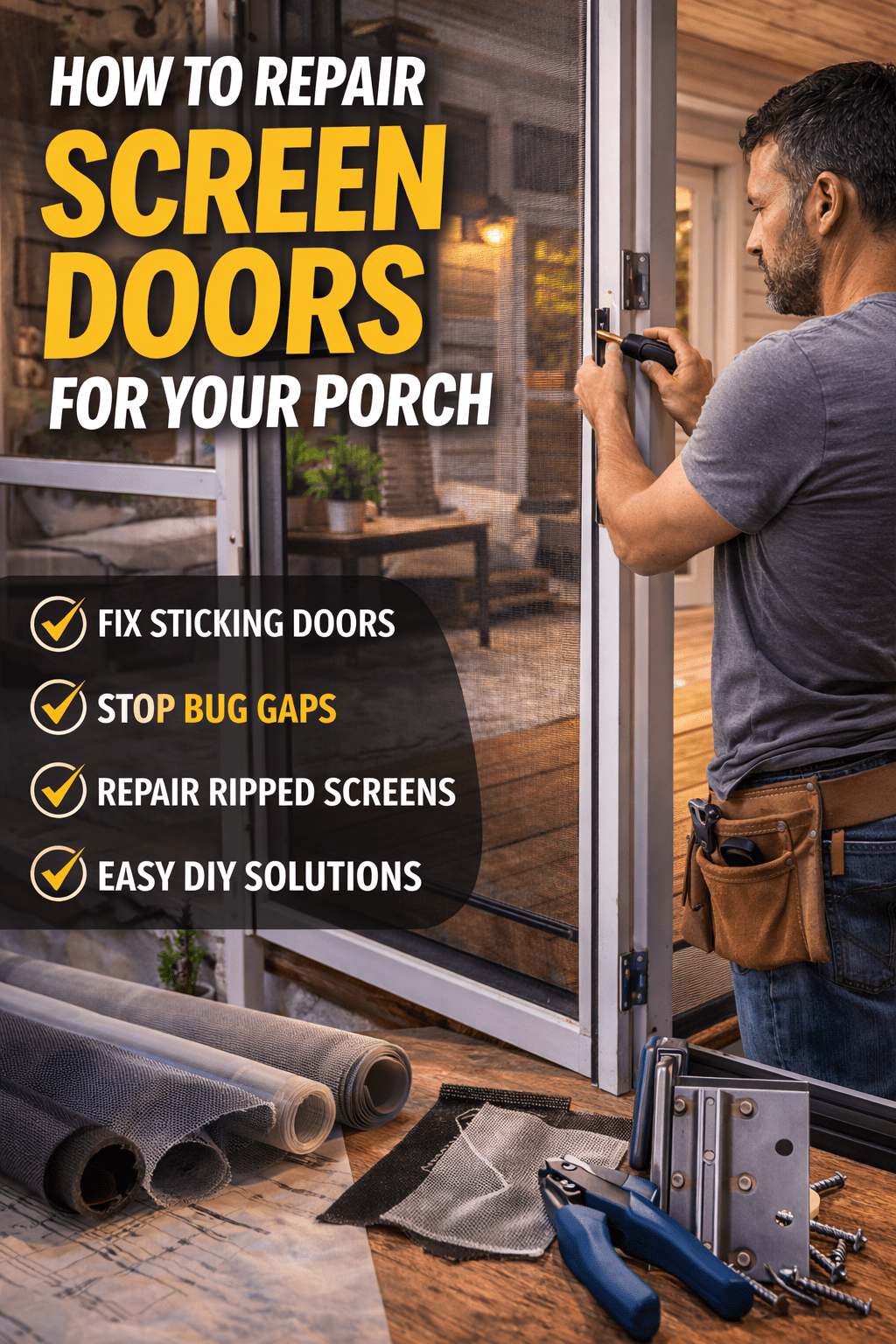 "How to Repair Screen Doors for Your Porch" over a man working on a screen door hinge
