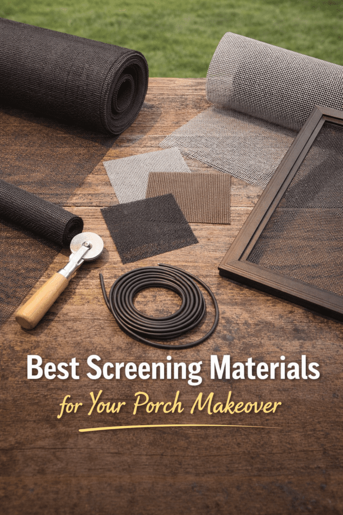 "Best Screening Materials for Your Porch Makeover" over rolls of screen mesh and samples
