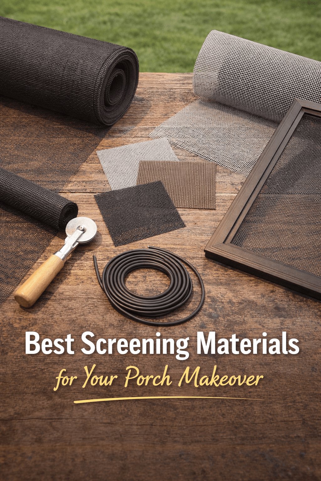 "Best Screening Materials for Your Porch Makeover" over rolls of screen mesh and samples