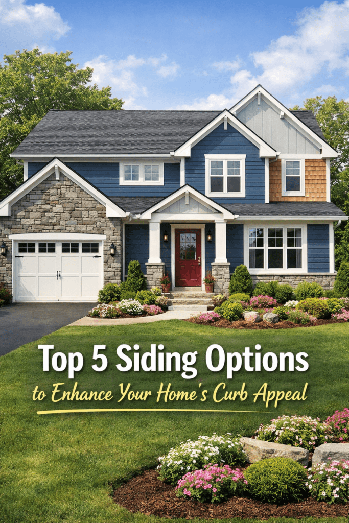 "Top 5 Siding Options to Enhance Your Home's Curb Appeal" over a blue craftsman home