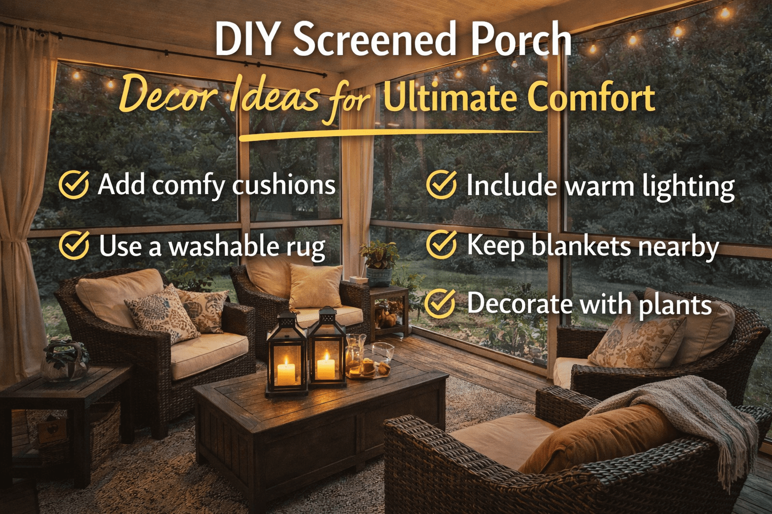 Cozy screened porch with warm lighting, comfy cushions, and decor ideas for ultimate comfort, featuring a wooden table with lanterns and plants.