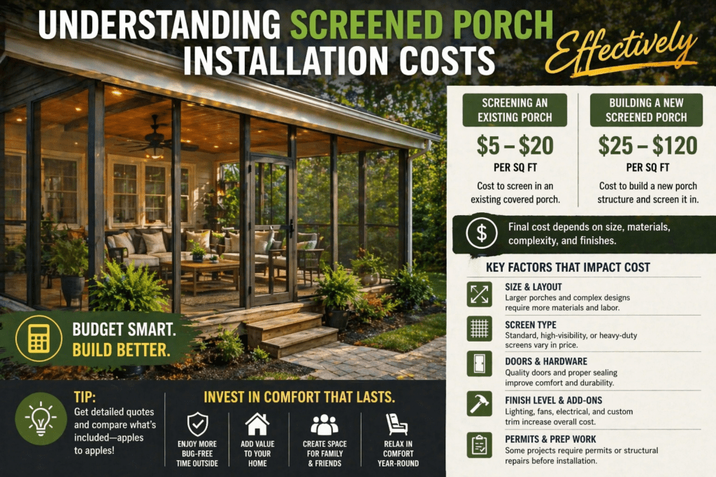 Screened porch installation cost guide featuring an inviting porch with furniture, plants, and a ceiling fan, highlighting pricing for screening existing porches and building new ones, emphasizing comfort and key cost factors.