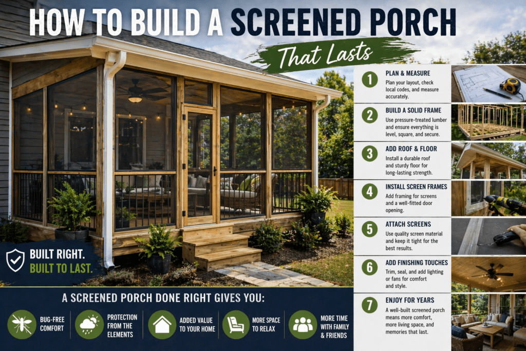 How to build a screened porch that lasts, featuring step-by-step guide, structural details, and design elements for durable outdoor living space by K&K Exteriors.