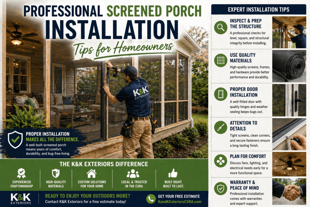 Professional screened porch installation tips featuring a contractor inspecting a screened porch, showcasing quality materials and craftsmanship, emphasizing proper installation for durability and comfort.