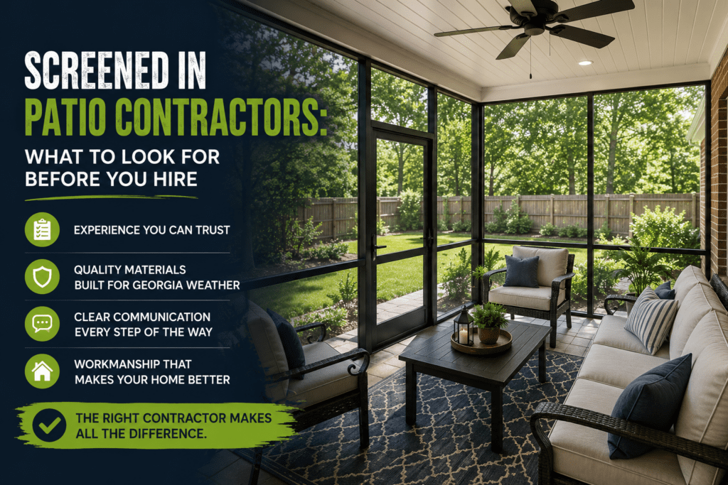Screened-in patio featuring comfortable seating, a coffee table, and lush greenery visible through large windows, illustrating outdoor living ideas and design inspiration for homeowners.