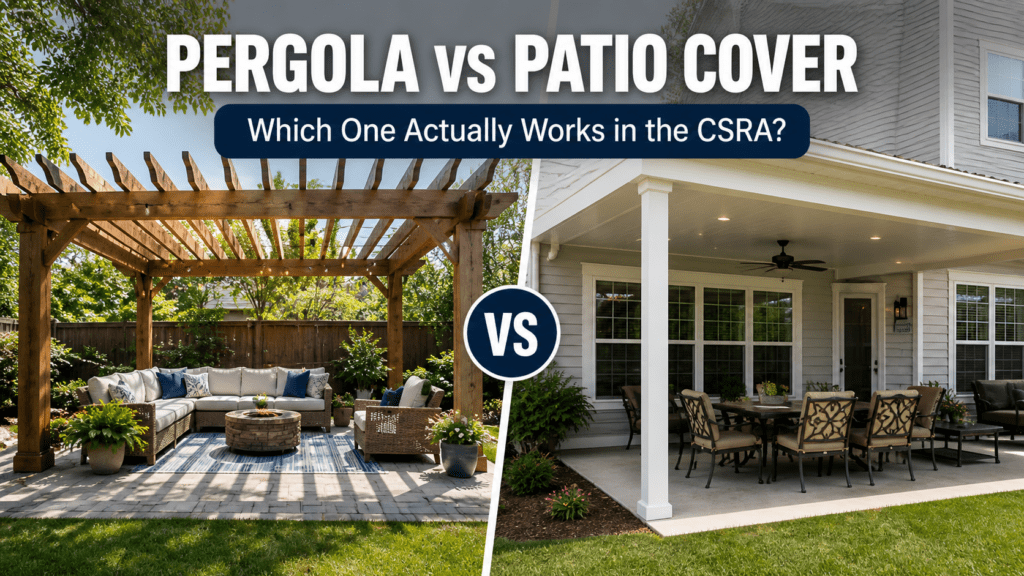 Pergola with seating area and plants versus patio cover with dining set, highlighting outdoor shade options in the CSRA.