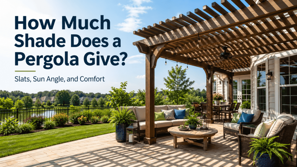 Pergola providing shade in outdoor living area, with comfortable seating, decorative plants, and a view of greenery, illustrating the benefits of pergolas for shade and comfort in CSRA.