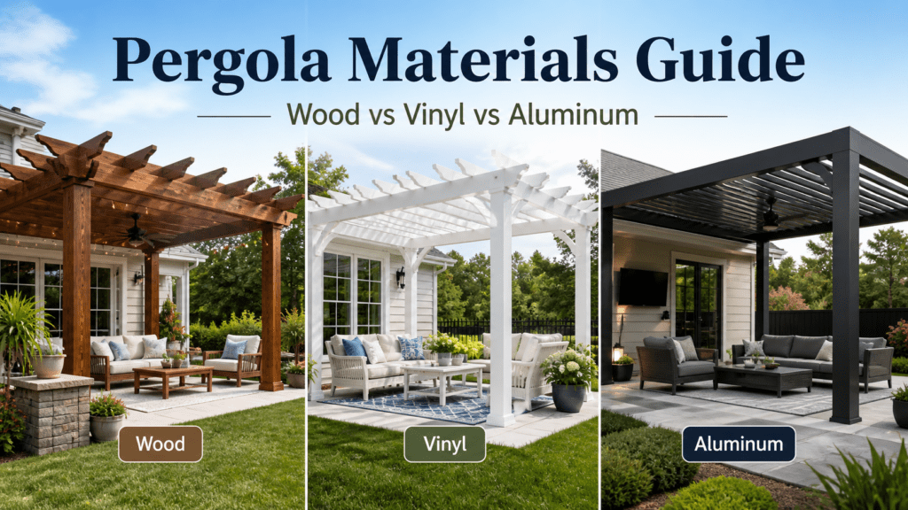 Pergola materials guide showcasing three styles: wooden, vinyl, and aluminum pergolas, emphasizing outdoor living spaces and shade options.