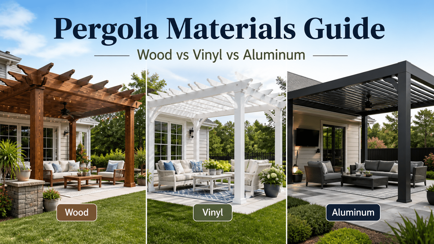 Pergola materials comparison featuring wood, vinyl, and aluminum structures with outdoor seating arrangements and lush greenery, highlighting durability and aesthetic options for homeowners in CSRA.