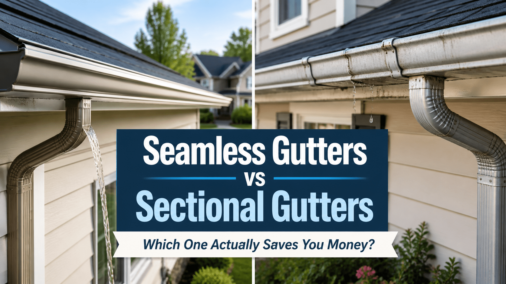 Seamless gutters on the left and sectional gutters on the right, highlighting differences in design and functionality for home exterior improvements.
