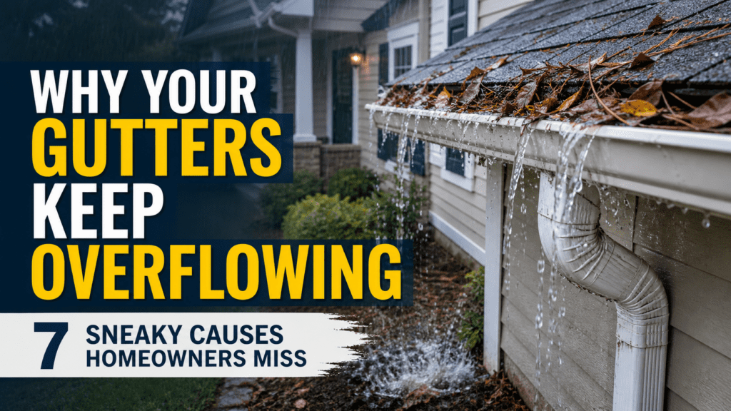 Gutters overflowing with water and leaves, highlighting common issues in gutter maintenance, with text overlay "Why Your Gutters Keep Overflowing" and "7 Sneaky Causes Homeowners Miss."
