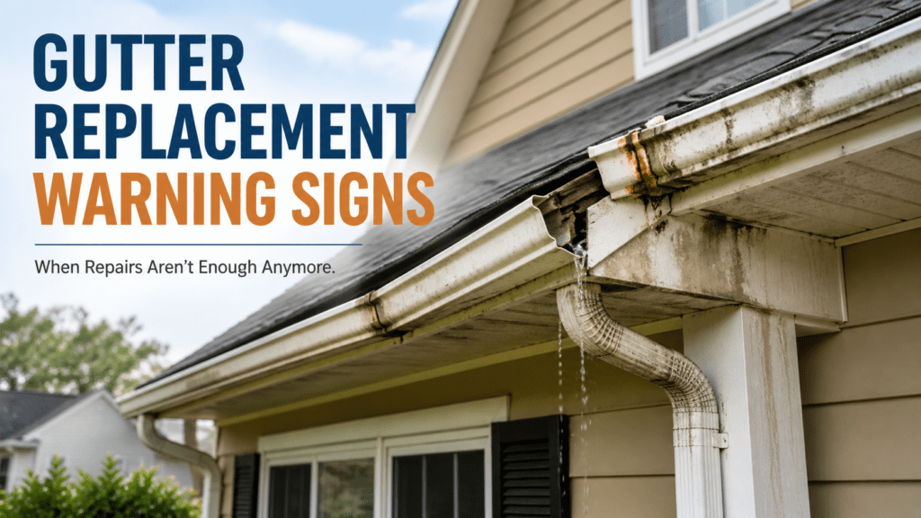 Gutter replacement warning signs with visible damage and water leakage, highlighting the need for maintenance and replacement in home exterior care.