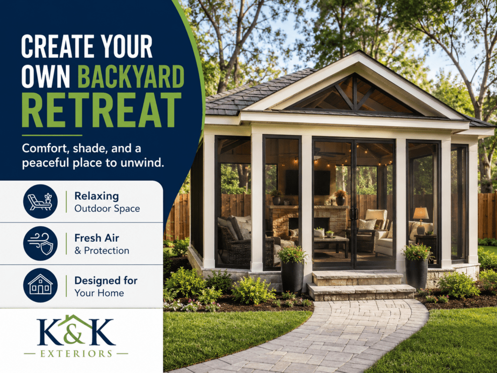 Freestanding sunroom retreat with comfortable outdoor space and shade, K&K Exteriors design.
