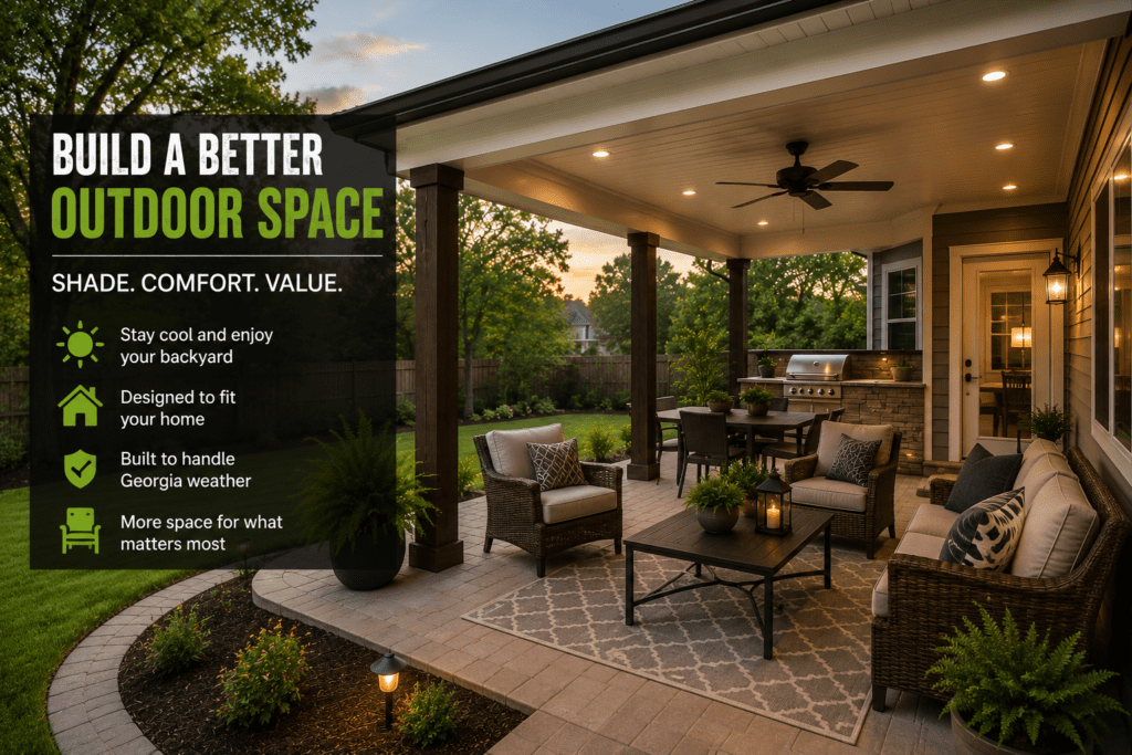 K&K Exteriors patio cover providing shade, comfort, and value for Georgia homeowners' outdoor living spaces.