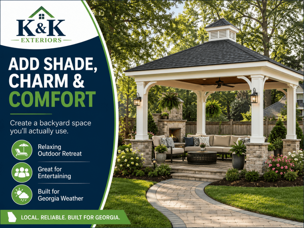 K&K Exteriors gazebo design with outdoor seating and stone fireplace, creating a relaxing backyard retreat.