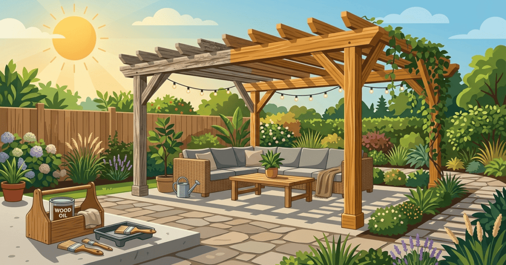 Illustration of a wooden pergola over patio seating with maintenance tools in the foreground
